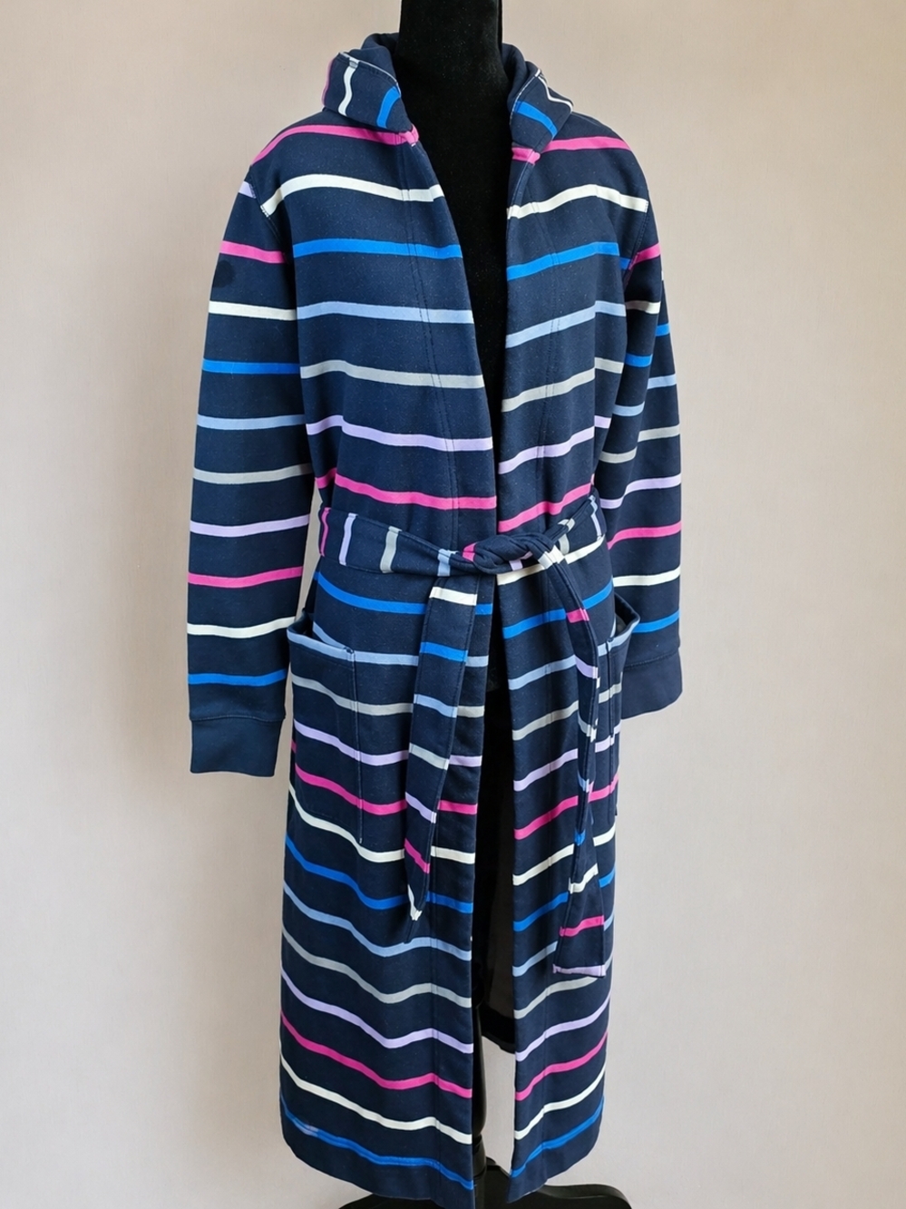 Lands’ End Serious Sweats Robe XS Hooded Belted Striped Cotton Pockets
